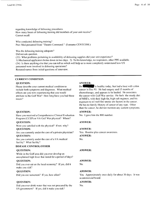   Lead Sheet #23916, Interview with 401st MP Camp medical officer, July 2, 1999.