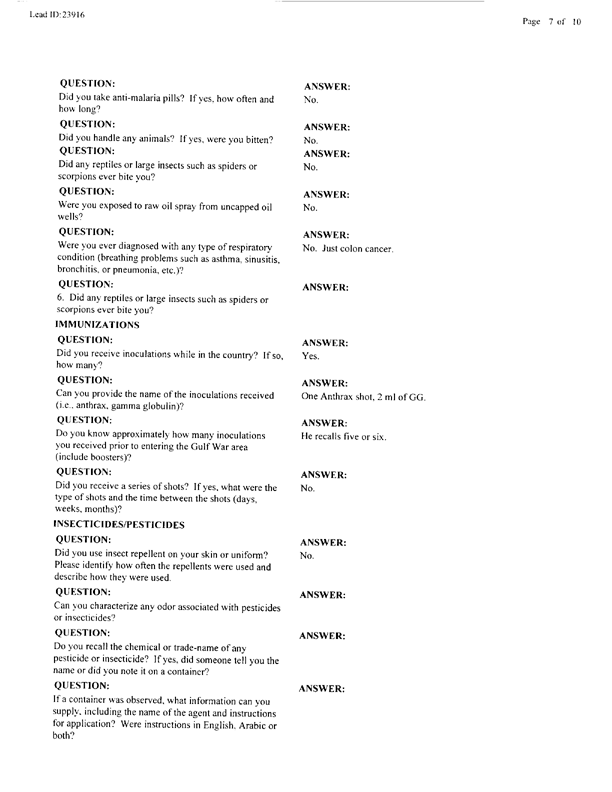   Lead Sheet #23916, Interview with 401st MP Camp medical officer, July 2, 1999.