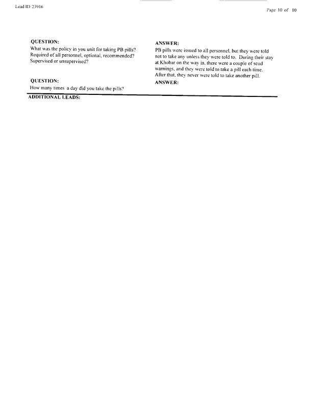   Lead Sheet #23916, Interview with 401st MP Camp medical officer, July 2, 1999.
