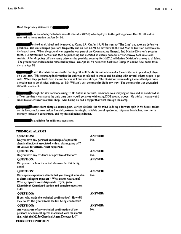  Lead Sheet #24814, Interview with 4th Tank Battalion assault specialist, September 9, 1999.