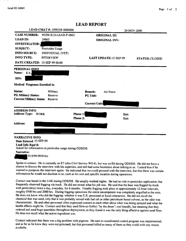 Lead Sheet #24865, Interview of Air Force E6, September 15, 1999, p. 1.