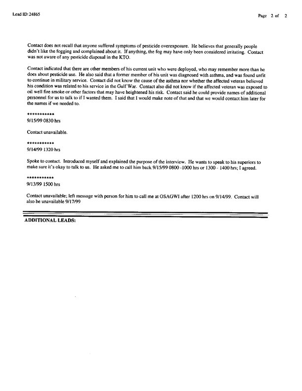 Lead Sheet #24865, Interview of Air Force E6, September 15, 1999, p. 1.