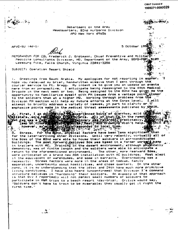 Memorandum from 82nd Airborne Division, preventive medicine physician to the Army Surgeon General, Preventive Medicine Consultant, Subject: �Operation Desert Shield,� October 5, 1990, p. 3.