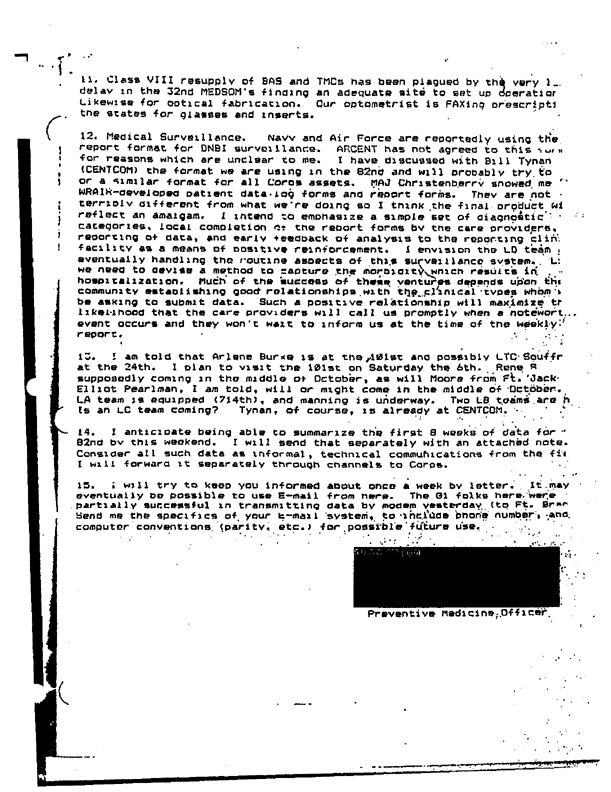 Memorandum from 82nd Airborne Division, preventive medicine physician to the Army Surgeon General, Preventive Medicine Consultant, Subject: �Operation Desert Shield,� October 5, 1990, p. 3.