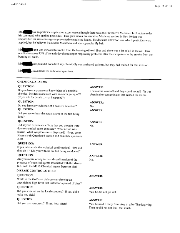   Lead Sheet #24945, Interview with 3rd Marine Air Wing environmental health officer, October 4, 1999.