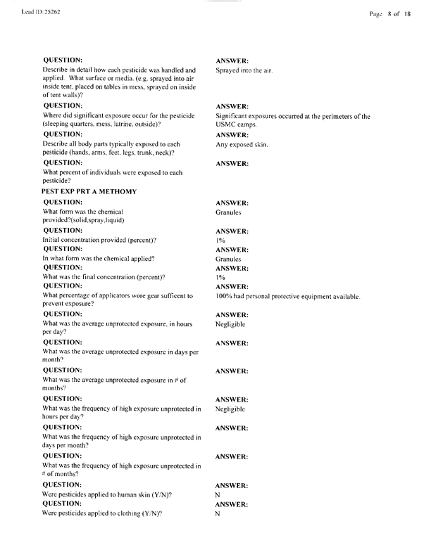   Lead Sheet #25262, Interview with 1st Medical Battalion entomologist, November 4, 1999.