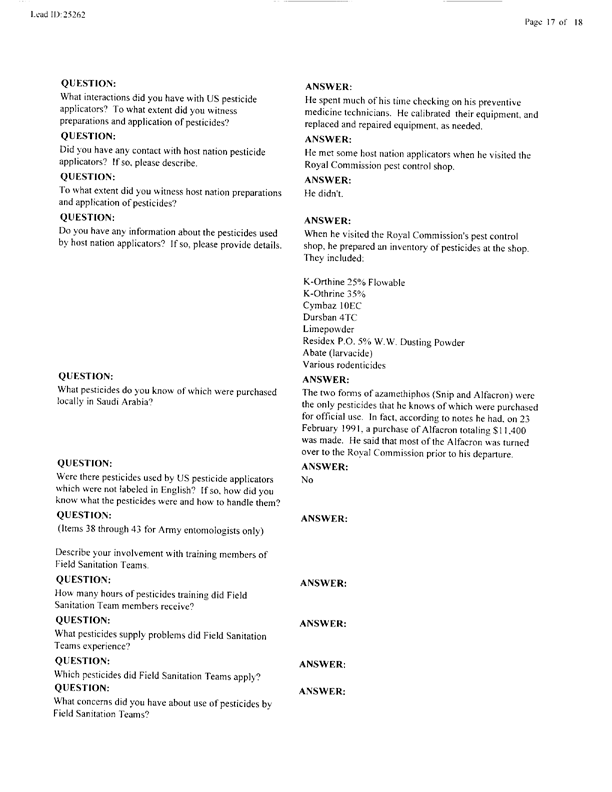  Lead Sheet #25262, Interview with 1st Medical Battalion entomologist, November 4, 1999.